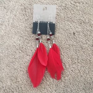 Never Worn Red Feather Earrings